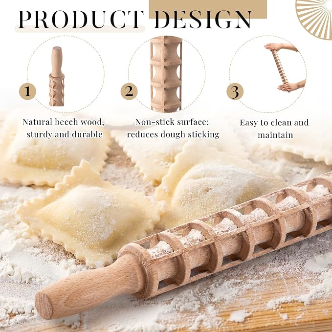 Gisafai 2 Pack 20 Inch Beechwood Ravioli Rolling Pin, Makes 44 Square Raviolis, Wooden Italy Dumpling Rolling Pin for Ravioli, Wonton, Dumplings, Pasta Dough, Gift for Home Cooks, Pasta Lovers