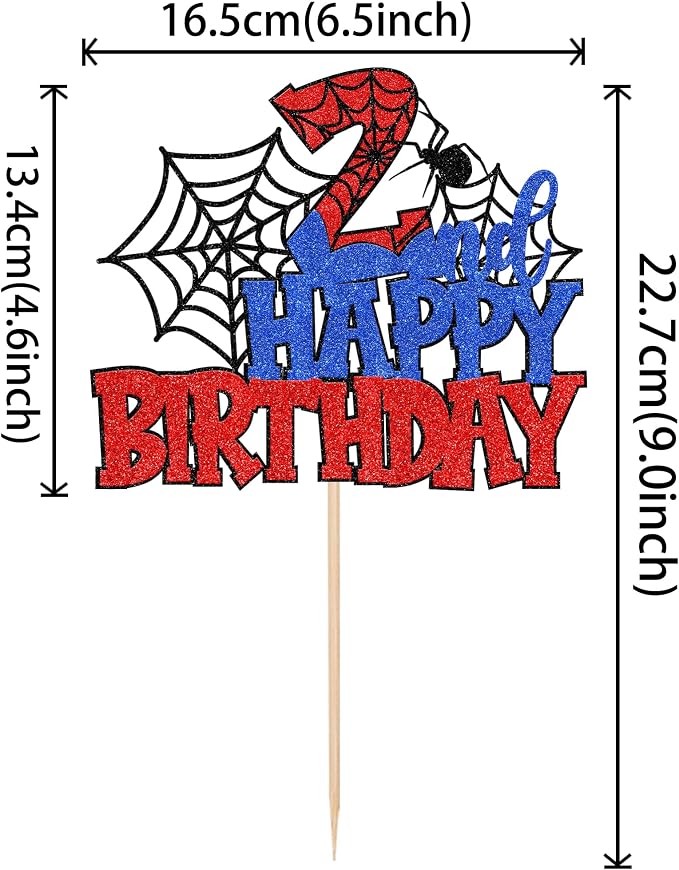1 PCS Happy 2nd Birthday Cake Topper Glitter Spider Web Cheers to 2 Years Two Birthday Cake Pick Superhero Spider Party Cake Decorations for Kids Boys Girls Happy Second Birthday Party Supplies