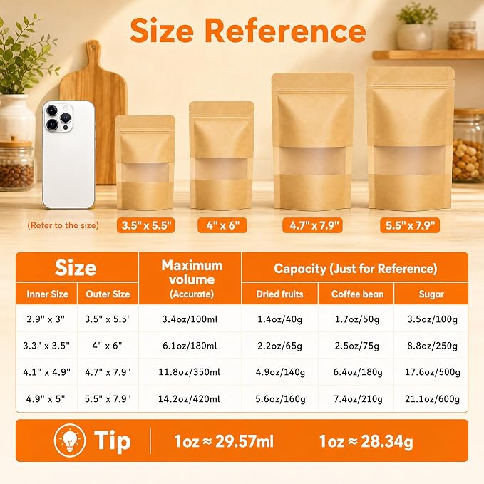 100 Pcs Kraft Paper Bags with Window, 4.7" x 7.9" Stand Up Pouches Bags, Food Storage Bags for Packaging Products, Reusable, Sealable