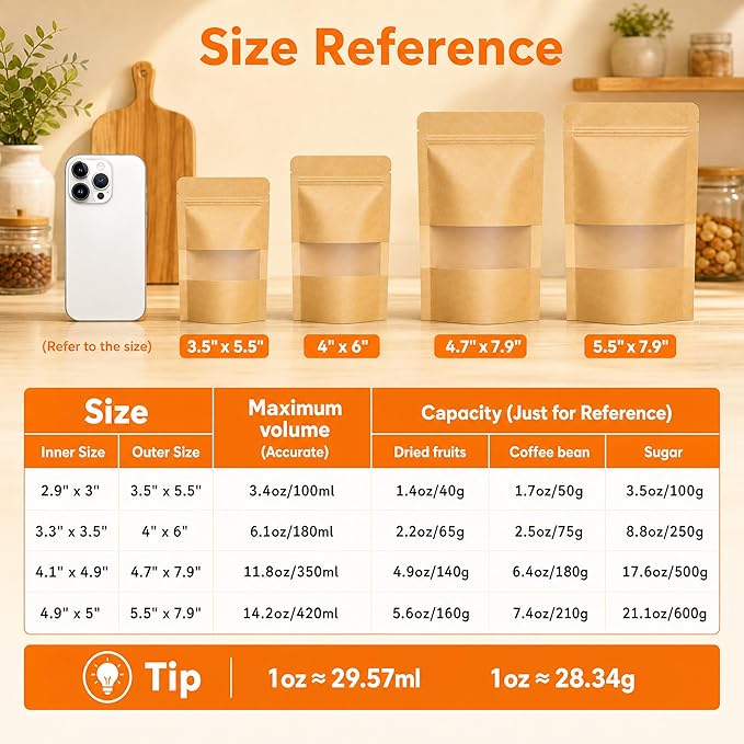 100 Pcs Kraft Paper Bags with Window, 3.5" x 5.5" Stand Up Pouches Bags, Food Storage Bags for Packaging Products, Reusable, Sealable