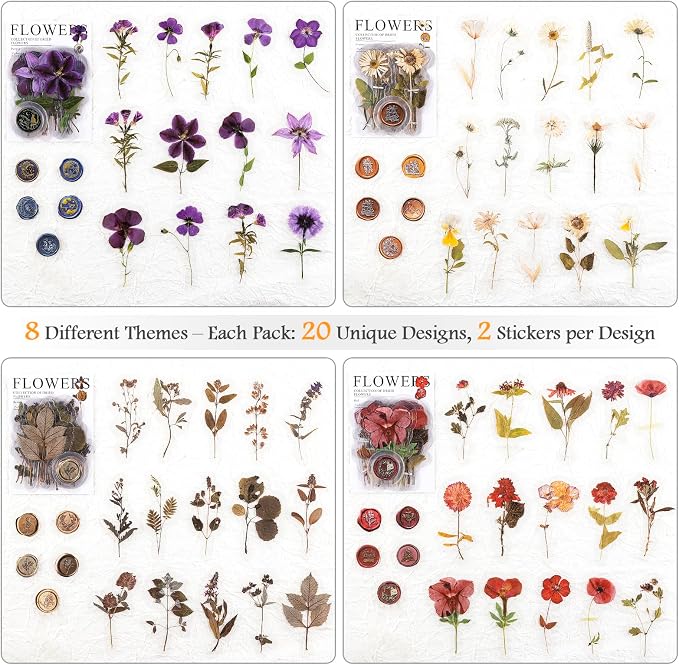 320PCS Pre-Cut Floral Stickers Set Small Flower Decal Journal Stickers PET Flower Sticker for Adult Card Making Letters DIY, Double Blade Line-Easy to Peel