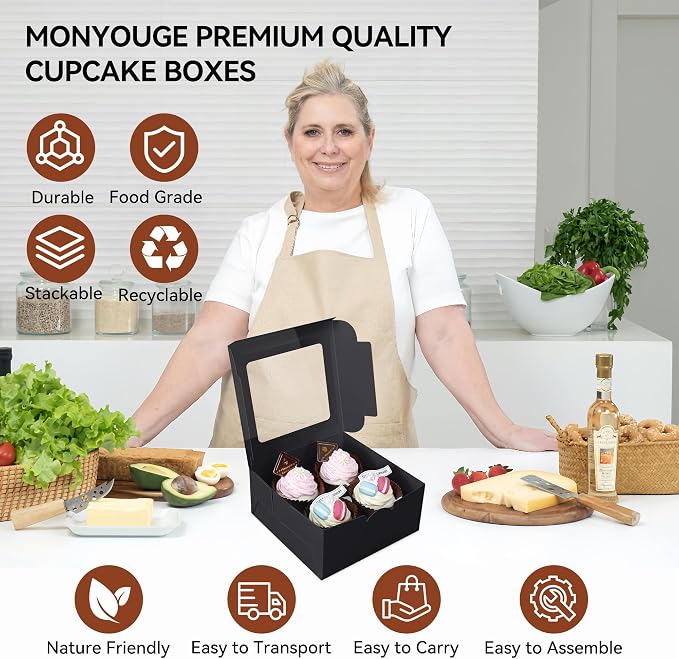 30-Set Cupcake Boxes Bulk with Clear Display Window Hold 4 Standard Cupcakes, Disposable Food Grade Black Cupcake Carrier Cupcake Container, Perfect for Cupcakes Muffins Cookies Pastries