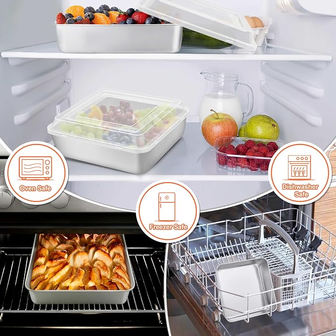 Herogo 8''x 8'' Stainless Steel Square Baking Pan with Lid(3 Pans + 3 Lids), Rectangle Cakes Brownie Lasagna Bakeware Set of 3, Healthy & Dishwasher Safe