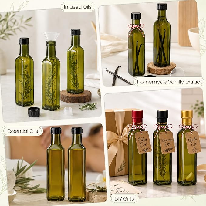 TBWIND 15 Pack 8.5oz (250ml) Glass Olive Oil Bottles with Airtight Caps | Includes Shrink Bands, Labels & Funnels; Ideal for Vanilla Extract, Infused Oils, Tinctures, Kombucha & Gift Giving