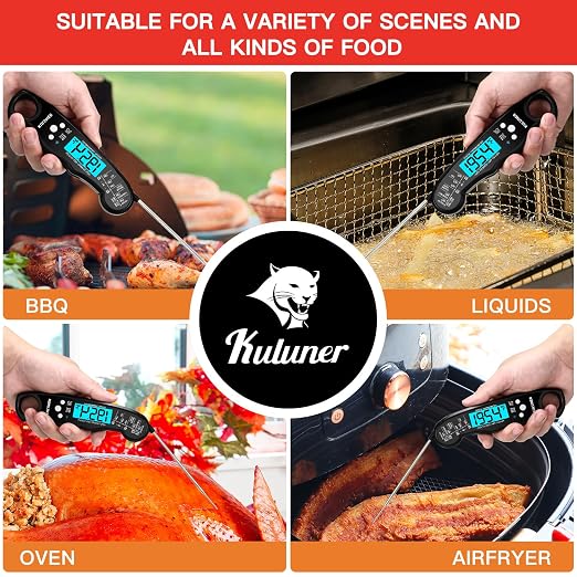 KULUNER Digital Meat Thermometer Instant Read, Waterproof Probe with Backlight & Calibration, Ultra Fast 2-3s Reading, Stainless Steel Kitchen Food Thermometer for Grilling BBQ Cooking Candy - Black