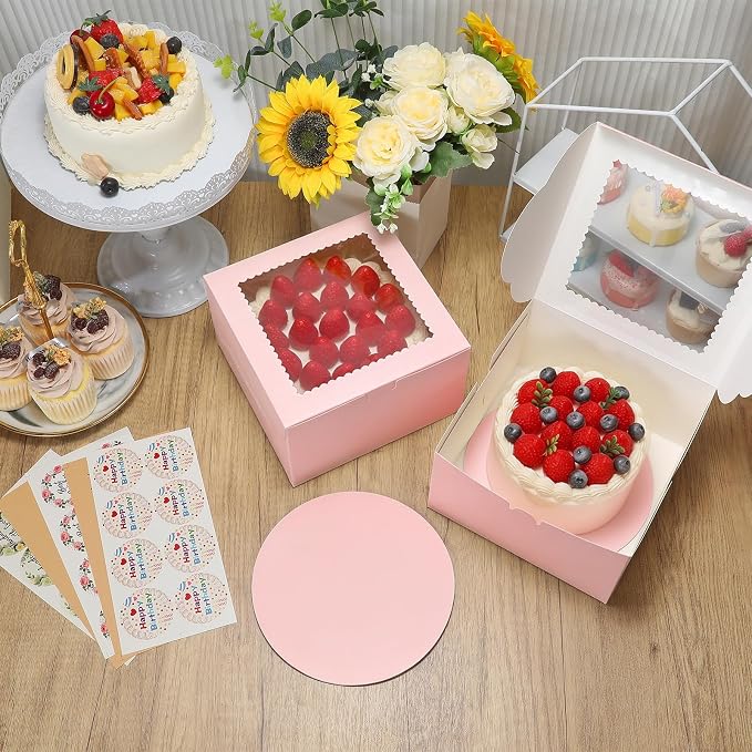 COTOPHER 50 Pcs Cake Boxes 8 Inch, 8x8x5 Inches Cake Containers (25 Boxes & 25 Boards), Pink Bakery Boxes with Windown for Cookies, Desserts, Cupcake, Pastries, Birthday, Wedding, Mother's Day