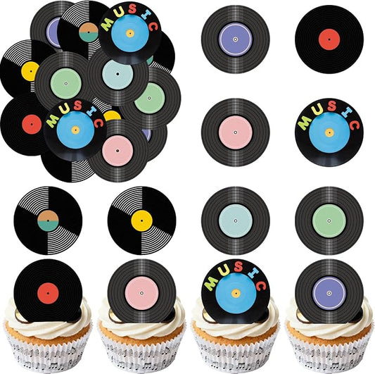 36PCS Edible Record Cupcake Toppers Wafer Paper Record CD Cupcake Picks Rock and Roll Party Decorations for Retro Vinyl Music Theme Birthday Baby Shower Supplies