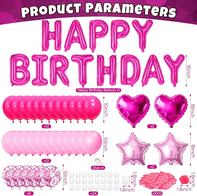 Hot Pink Happy Birthday Balloons Decorations Light Pink Birthday Balloon Letters Banner with Star Heart Balloons 1000 Pcs Artificial Rose Petals 24 Flameless LED Candles for Birthday Party Supplies