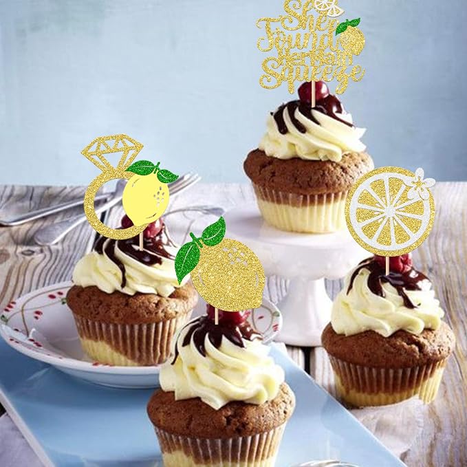 Rsstarxi 24 Pack She Found Her Main Squeeze Cupcake Toppers Diamond Ring Glitter Lemon Cupcake Picks for Bridal Shower Wedding Engagement Bachelorette Party Cake Decorations