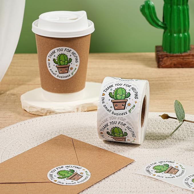 WRAPAHOLIC 2 Inch 500 Total Business Stickers Roll - Cactus Small Business Grow Design, Thank You Lables, Shipping Stickers for Party Decorations