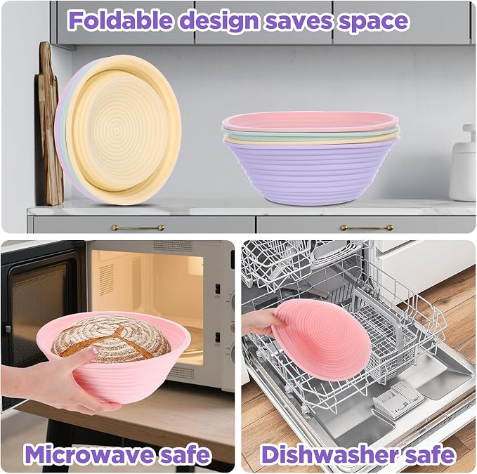 4Pcs Silicone Bread Proofing Basket,9" Foldable Silicone Proofing Baskets for Sourdough Bread Baking,Non-stick Round Dough Proofing Bowl Sourdough Bread Baking Supplies
