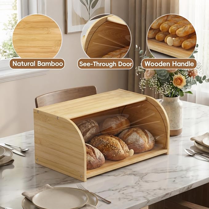 Roll Top Bread Container for Kitchen Countertop, Bamboo Bread Box with Clear Lid, Bread Container Storage（Bamboo without cutting board）