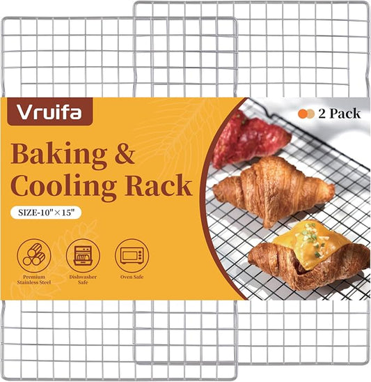 VRUIFA 2PCS Cooling Racks for Cooking and Baking, Stainless Steel Wire Rack Suitable for 10" x 15" Sheet Pan and Grilling, Roasting,Drying, Oven and Dishwasher Safe