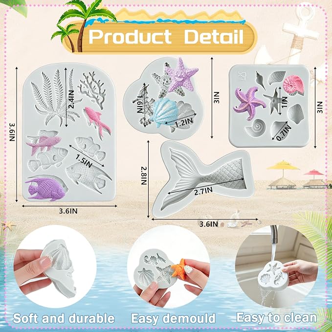 MEMOVAN Mermaid Theme Cake Fondant Mold 4PCS Marine Silicone Mold | Seahorse Seashell Star Fish Mermaid Tail Cupcake Mold for Chocolate Candy Cake Decoration Polymer Clay Gum Paste Craft
