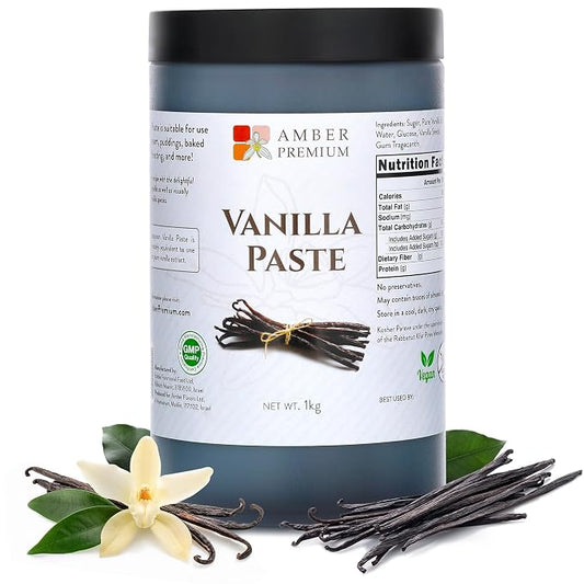 Amber Premium Pure Vanilla Bean Paste 1kg / 27 fl oz (US) - Made with Authentic Madagascar Vanilla Extract - Vegan, Kosher, Chef Recommended for Baking, Desserts, and Pastries