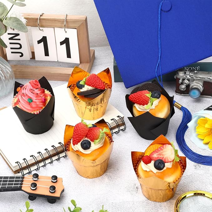 Augshy Muffin Liners, 60 Pcs Black Gold Tulip Cupcake Wrappers for Baking | Greaseproof Paper Muffin Wrappers Holders, Cake Dessert Decorations, Graduation Wedding Birthday New Year Party Supplies
