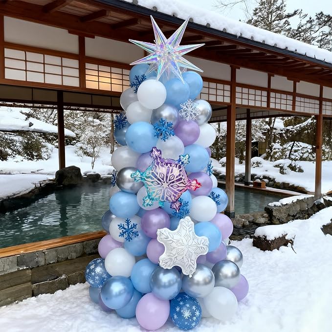 Purple Blue Balloon Garland 135pcs, Pearl Light Purple Blue White Silver Snowflake Balloon Arch with Foil Snow Iridescent Star Balloons for Winter Wonderland Baby Shower Birthday Christmas Party Decor