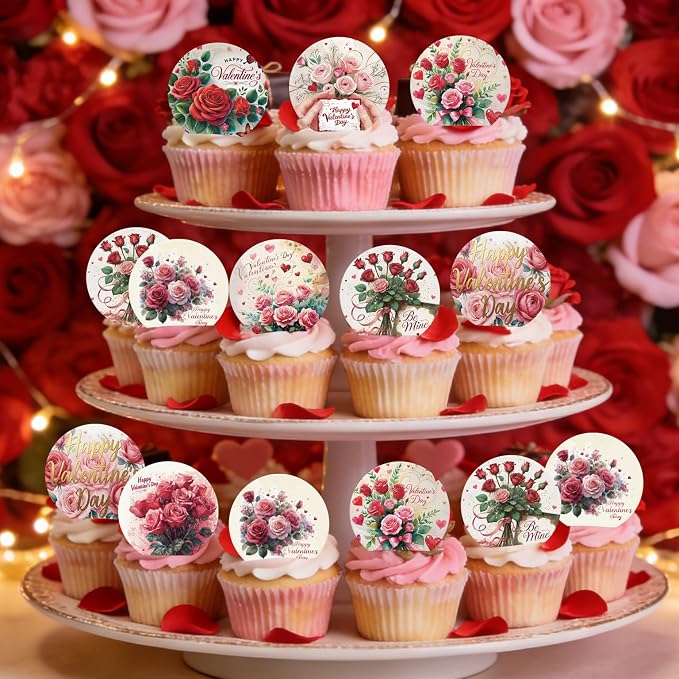 36PCS Edible Happy Valentine’s Day Cupcake Toppers Wafer Paper Roses Be Mine Kiss Me Cupcake Picks Valentine’s Cake Decor for Valentine's Day Theme Wedding Party Supplies
