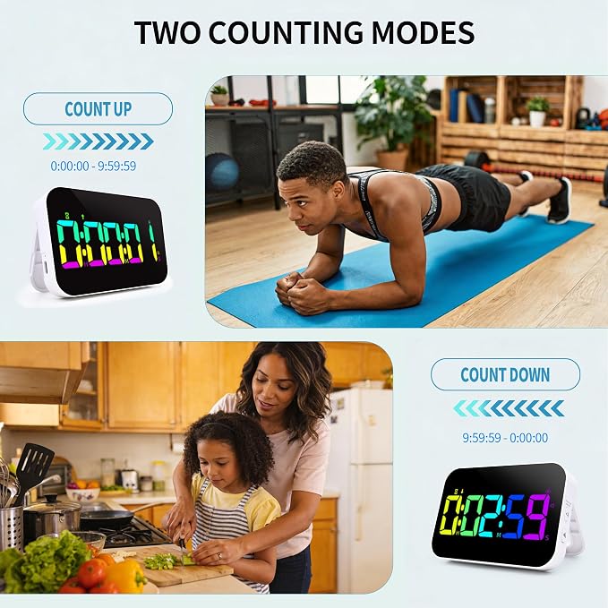 Kitchen Digital RGB Timer, Count Down Up, Rechargeable, Vibration Mode Adjustable Volume and Brightness LED Display, Time Management Cook, Desk, Kids Adults Study Teaching, Kitchen Gadgets