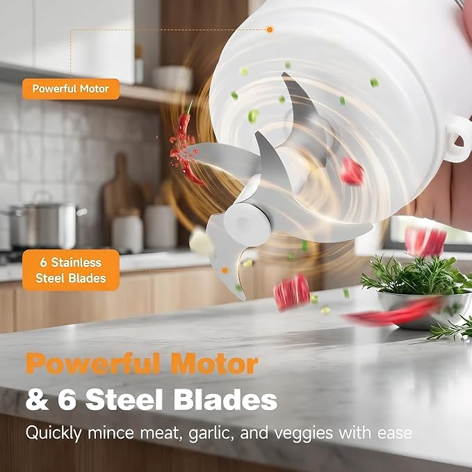 Electric Garlic Chopper, Mini Portable Chopper with Secure 6 Stainless Steel Blades & 350ML Glass Bowl, Cordless Mini Food Processor, 60+ Uses Per Charge for Kitchen, RV & Camping (White-B)