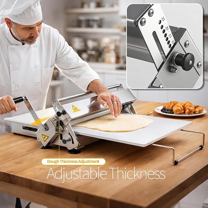 THOUSANDSUNNY Folding Manual Dough Sheeter, Stainless Steel Dough Rolling Machine Pizza Pastry Puff Maker Tool for Home | 0 to 25 mm Thickness, Hand Crank, Foldable Storage, Smooth Rolling, For Pizza Pastry Croissant Fondant Home Baking
