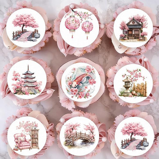 36PCS Edible Cherry Blossoms Cupcake Toppers Japanese Edible Cherry Flowers Bouquet Cake Picks Wafer Paper Cherry Cupcake Decors for Cherry Theme Party Cake Supplies (Cherry Blossoms Scene)