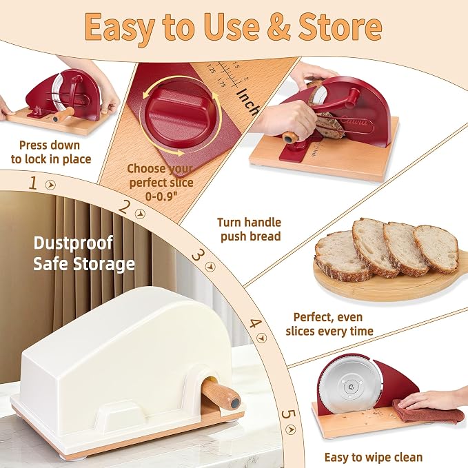 CAWIU Upgraded Manual Bread Slicer for Homemade Sourdough Bread - Adjustable Thickness Bread Cutter with Hand Crank, Suction Cups, Slicing Guide, Scale Line & Cover, for Perfect Even Slices (Red)