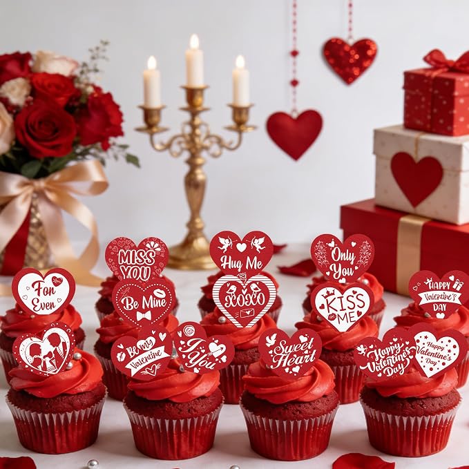 70PCS Edible Heart Cupcake Toppers Wafer Paper Red Sweet Love Be Mine Kiss Me Heart Cupcake Picks Valentine’s Cake Decor for Valentine's Day Theme Wedding Party Supplies