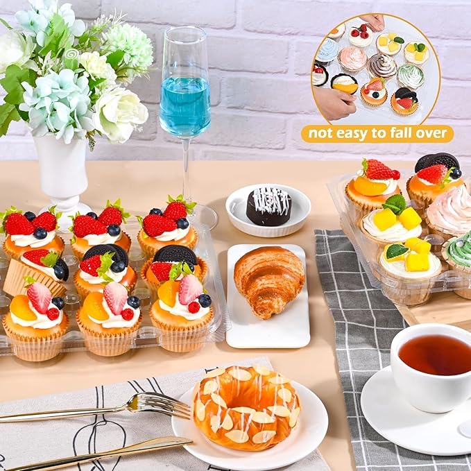 Plastic Cupcake Containers 12 Count (20 Sets), Stackable Cupcake Boxes Holders with Tall Dome Lid, Disposable Cupcake Carrier Trays Include 240 Cupcake Liners