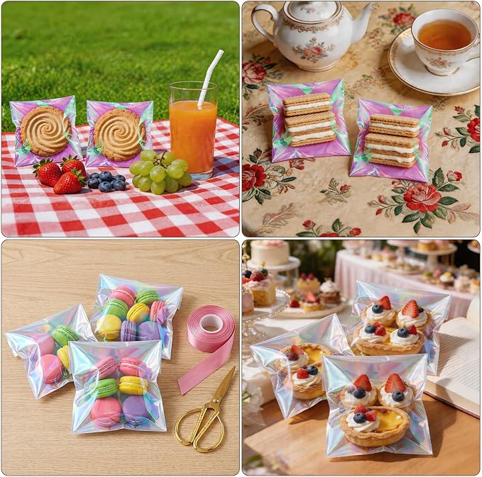 efivs arts 200Pcs Iridescent Cookie Bags,Self Sealing Cellophane Treat Bags | Clear Resealable Adhesive Plastic Bags for Cookies, Candy, Party Favors, Gift Packaging (5.5x5.5 Inches)
