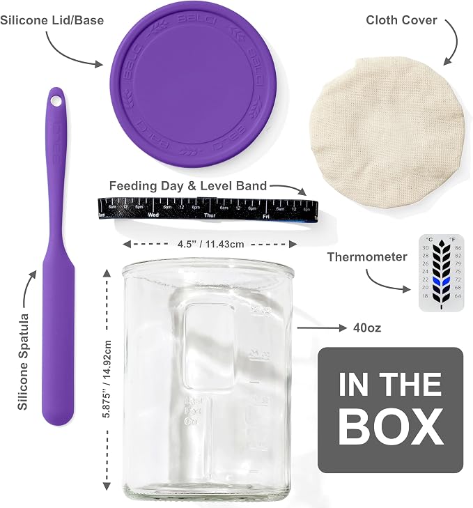 Premium Sourdough Starter Jar - 40oz Large Sourdough Jar with Marked Feeding Band, Scraper, Cloth Cover and Silicone Lid/Base, Wide Mouth Starter Kit - Purple