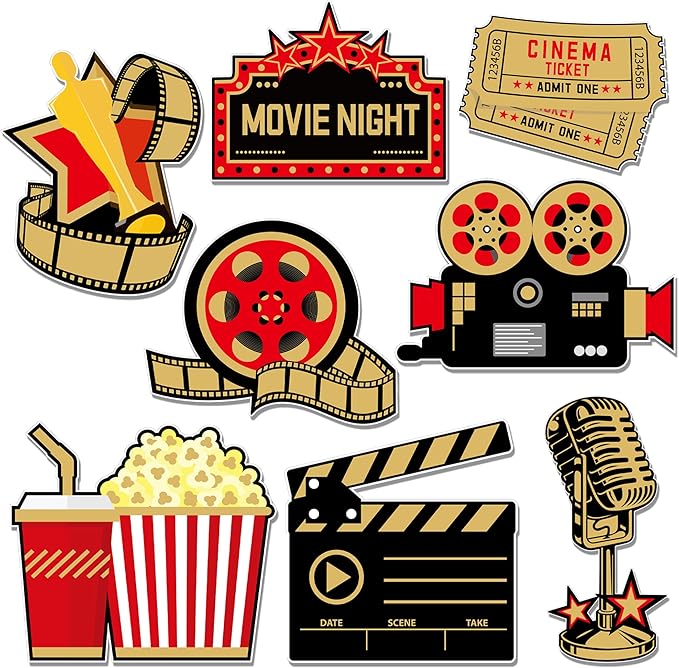 Vuzvuv 40Pcs Movie Party Night Paper Cutouts with 80Pcs Glue Points,Movie Theme Night Cut Outs Bulletin Board Decorations for Birthday Party Theme Decor Supplies