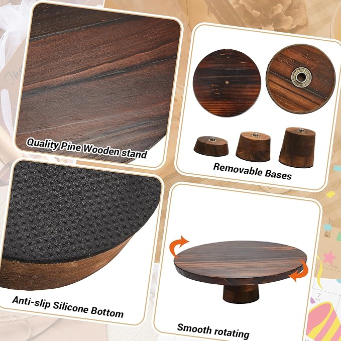 Jinei 4 Sets Wood Cake Stand Rustic 12 Inch Rotating Cake Stand Food Round Risers Turntable for Party Cake Base Wood for Display Parties Weddings Restaurants Decorating Supplies