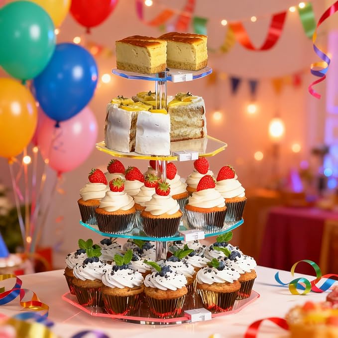 4-Tier Rotating Cupcake Stand with LED Lights - 360° Spinning Display Tower for Desserts, Cakes & Pastries - Rechargeable 7-Color Changing Serving Tray for Weddings, Parties & Festive Gatherings (Polygon Clear Acrylic)