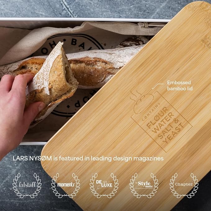 LARS NYSØM Bread Box I Metal Box for long lasting freshness I Bread Bin with bamboo lid usable as cutting board I 13.4x7.7x5.3In (Pebble Gray)
