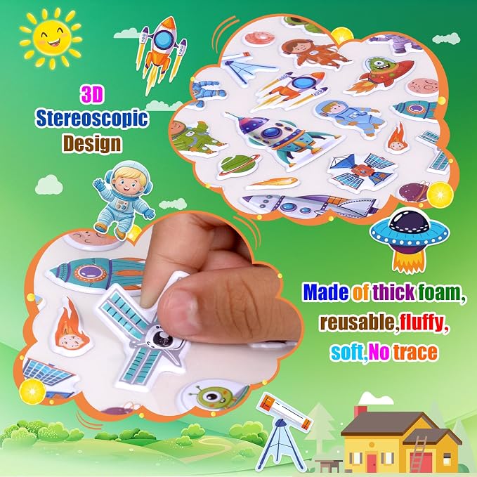 6 Pack Reusable Puffy Sticker Books, 250Pcs Kids Activity Stickers Ages 3+, Travel Sticker Book Dinosaur/Space/Traffic/Robot/Harbor/Construction for Boys Girls