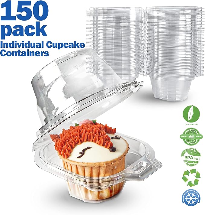 Individual Cupcake Containers Stackable Single Compartment Cupcake Disposable Carrier Holder Box Deep Dome Clear Plastic BPA-free (150 PCs)