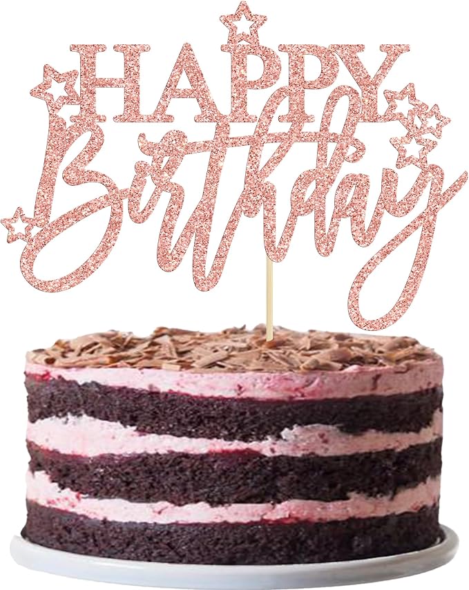 Gyufise 1Pcs Happy Birthday Cake Topper Glitter Cake Pick for Celebrating Anniversary Theme Party Cake Decorations Supplies Light Rose Gold