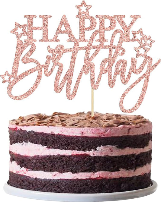 Gyufise 1Pcs Happy Birthday Cake Topper Glitter Cake Pick for Celebrating Anniversary Theme Party Cake Decorations Supplies Light Rose Gold