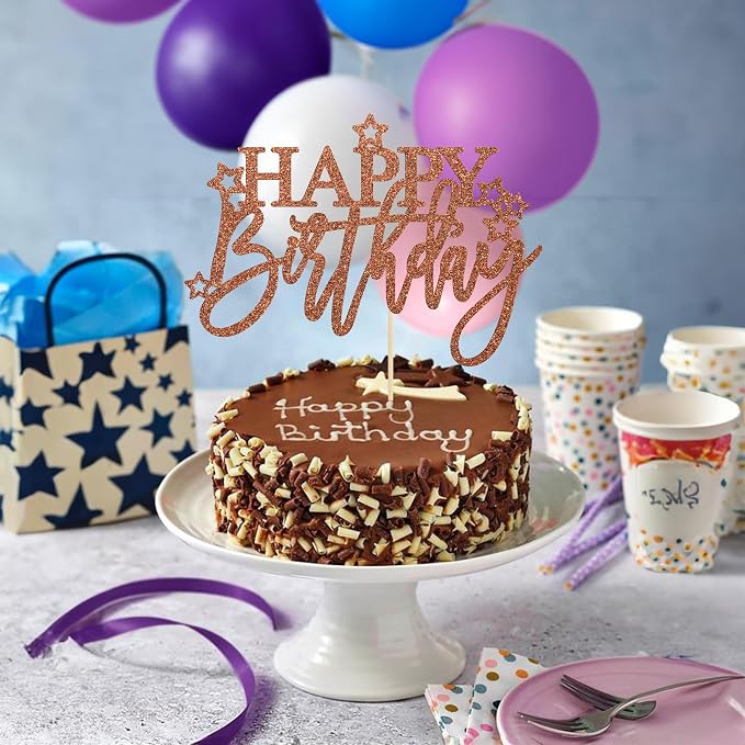 Gyufise 1Pcs Happy Birthday Cake Topper Glitter Cake Pick for Celebrating Anniversary Theme Party Cake Decorations Supplies Light Brown