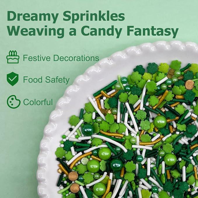 Green Sprinkles for Cake Decorating, ST Patricks Day Spring Sprinkles Mix with Shamrock Clover Jimmies Nonpareils for Ice Cream Cupcakes Baking Cookies Cake Topping