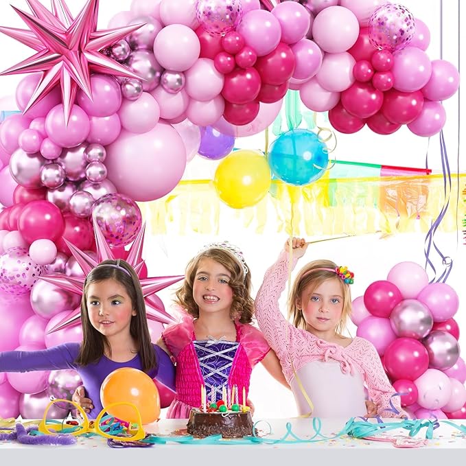 Pink Balloon Garland Arch Kit with Star Foil Balloons, Metallic Pink Matt pink Hot pink Pastel pink Balloons Arch Kit for Girls Women Birthday Wedding Baby Shower Princess Theme Party Decorations