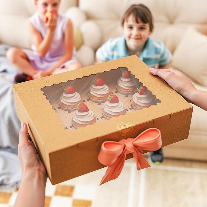 50 PCS 12 Count Cupcake Boxes Bulk for Dessert | Brown,Clear Window,Kraft,Cupcake Containers,Dozen,Deep,Cupcake Carrier With Inserts&Sticker,for Party, Birthday,Holiday,Gift