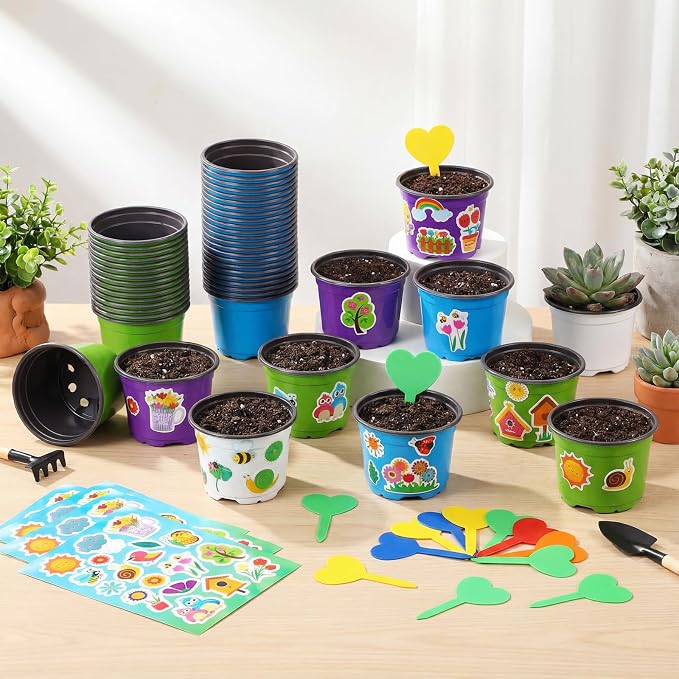 100 Sets Garden Pot Craft Kit, Flower Plant Spring Craft Including Plastic Nursery Plant Pots Labels Tags Stickers for DIY Flower Planting Growing Birthday Arts Kit (Classic)