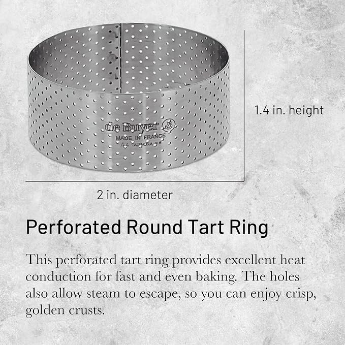 de Buyer Perforated Round Tart Ring - 2” Diameter, 1.4” Height - Perfect for Baking Beautifully Crisp Tarts - Easy to Use & Clean - Made in France