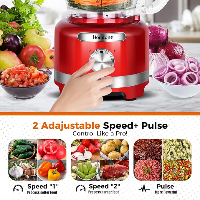 Homtone 16 Cup Food Processor Large, 9 Functions 3 Speeds for Shredding, Slicing, Making French Fries, Chopping Meat, Kneading Dough & Emulsifying, Red