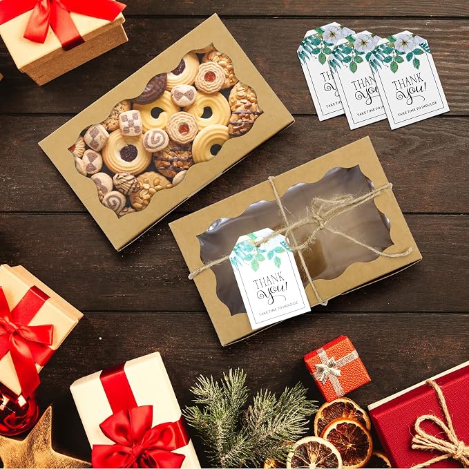 40 Pack Cookie Boxes with Clear Window, 7 x 4 3/8 x 1½ Inch Small Kraft Candy Boxes Premium Pastry Boxes with Tags Ropes for Cookie Packaging, Dessert, Donuts, Pie, Cupcakes, Parties