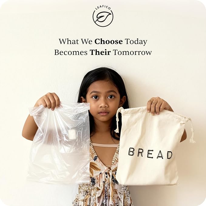 Leafico Reusable Bread Bags – 2 Cotton Storage Bags + 1 Baguette Bag with Food Safe TPU Liner – For Homemade Bread, Sourdough, Artisan Loaves – Freezer Safe & Washable Plastic Alternative