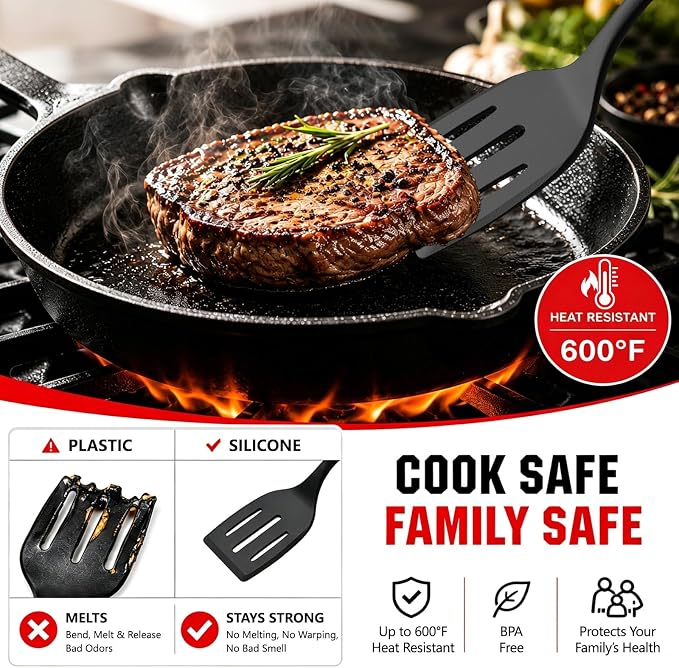 5 Pack Silicone Kitchen Cooking Utensils Set - Spatula, Turner, Tongs & Spoons for Nonstick Cookware, 600°F Heat Resistant, Non Toxic, Dishwasher Safe