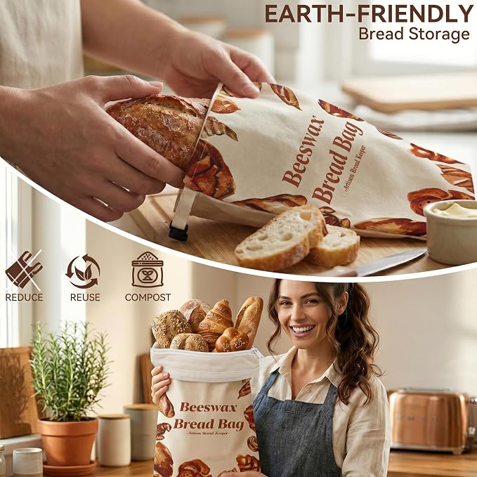 2 Pack Beeswax Bread Bags for Sourdough, Reusable Natural XL Linen Beeswax Bread Bag with Zipper for Homemade Sourdough, 17 x 13 Inches Freezer-Friendly Large Capacity Portable